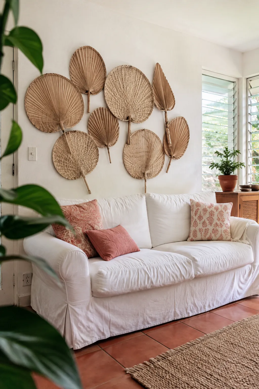 Woven palm fan arrangement above a sunroom couch