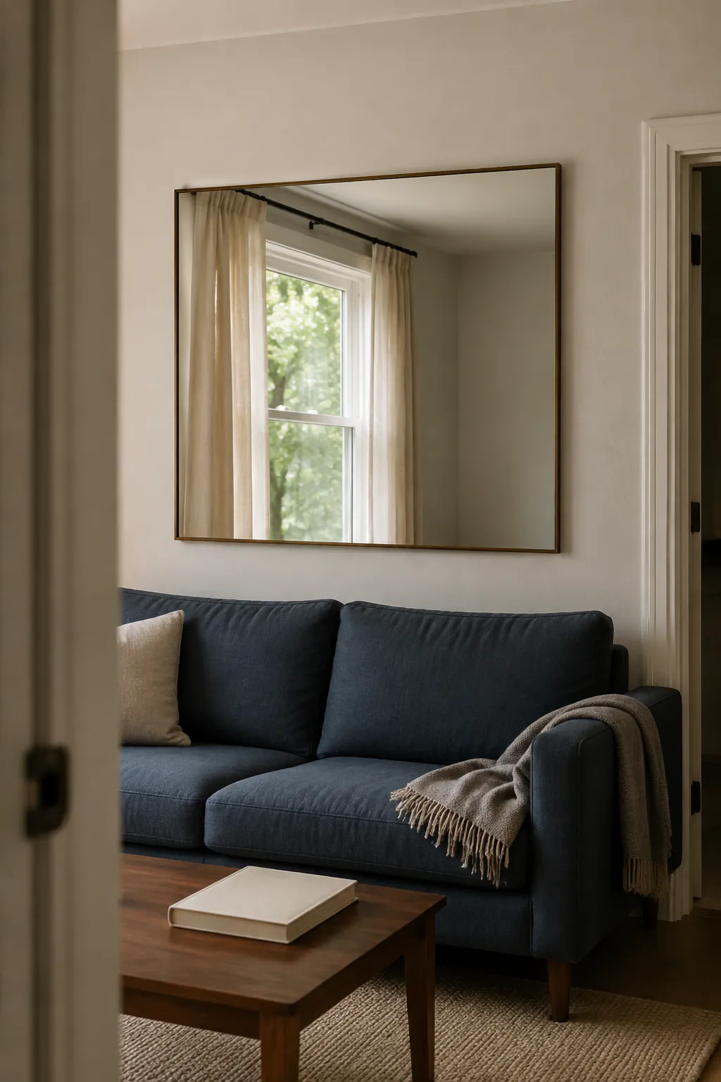 Mirror above a couch reflecting a calm sunlit window