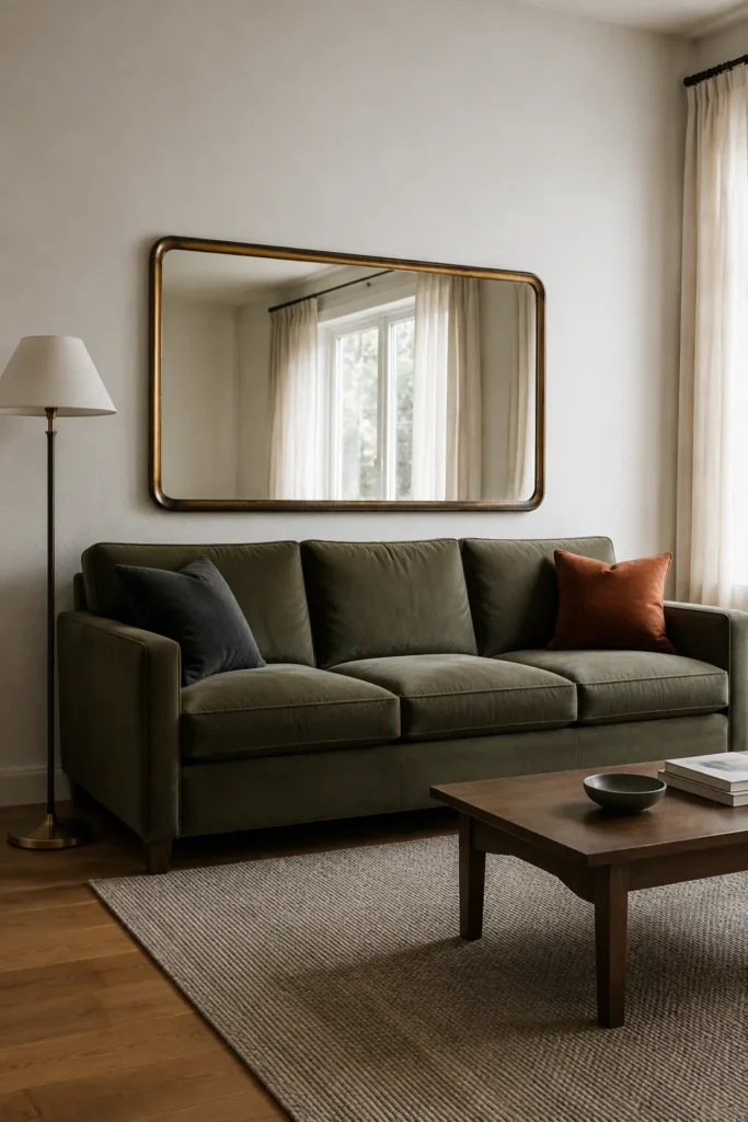 Well proportioned aged brass mirror centered above a moss sofa
