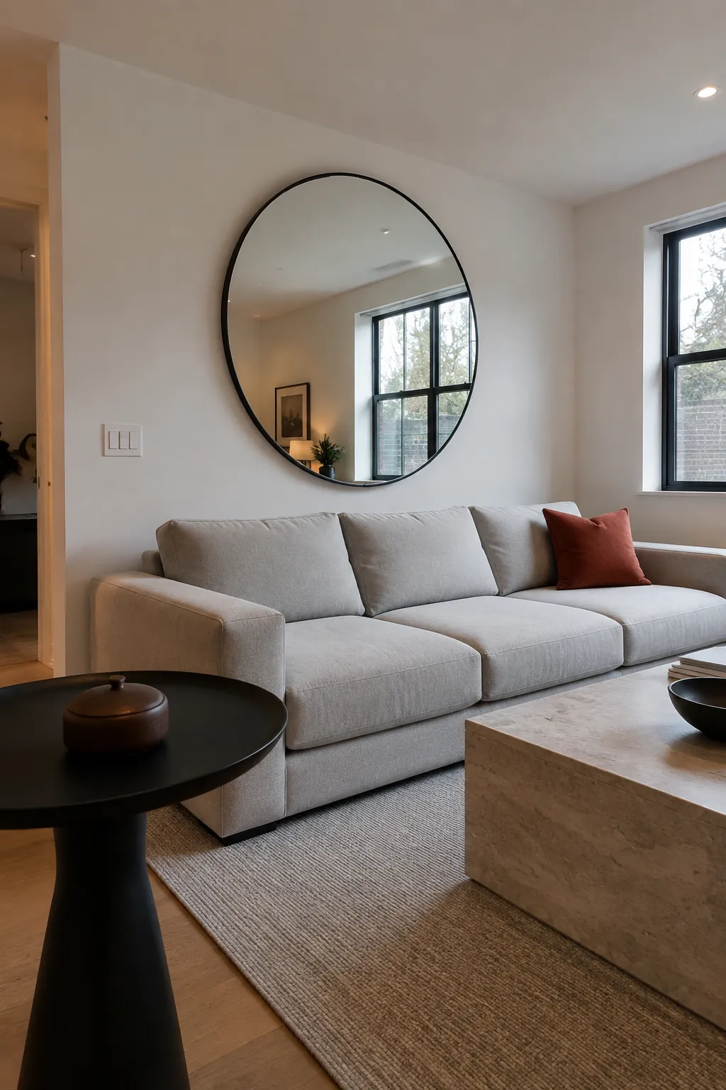 Round mirror softening the straight lines of a living room sofa