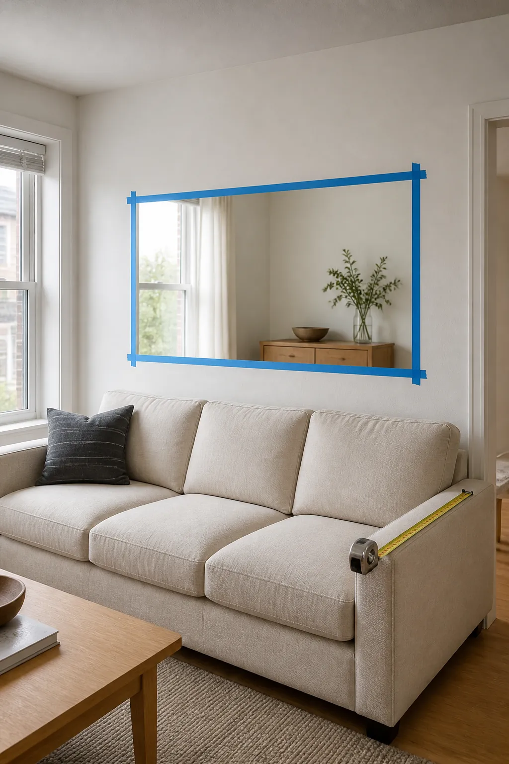 Painter tape showing mirror proportions above a sofa
