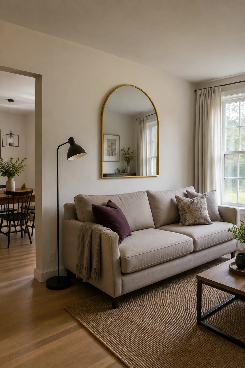 Mirror centered on an offset sofa seating composition