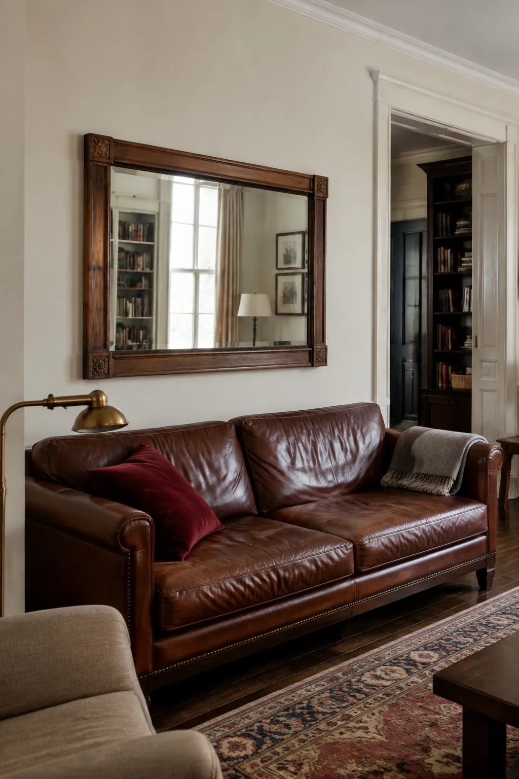 Mirror frame weight matched to a substantial living room sofa