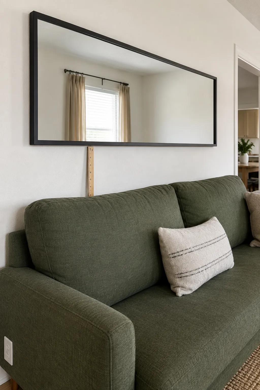 Correct mirror hanging height measured above a sofa back