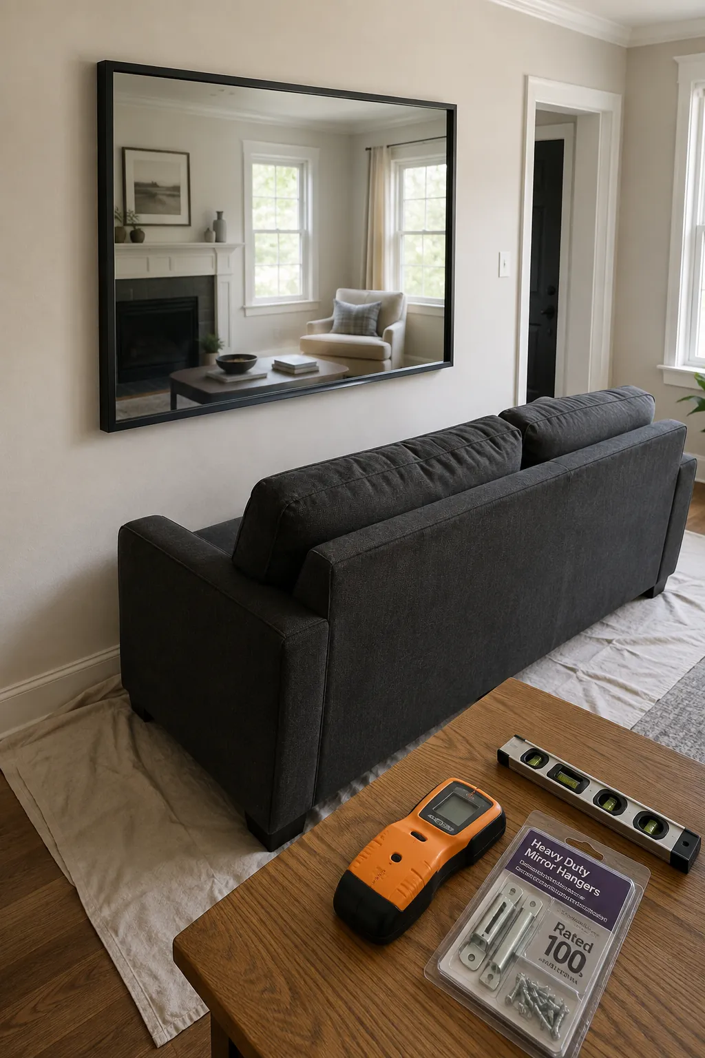Secure two point mirror installation above a living room sofa