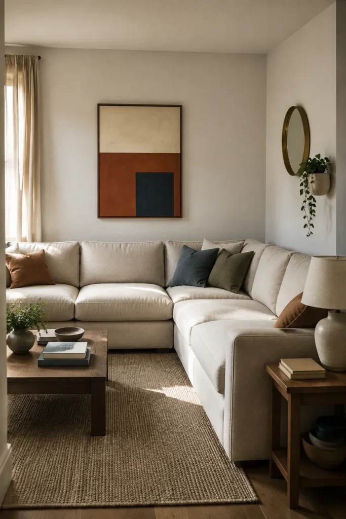 Balanced wall decor behind a warm neutral L shaped sofa