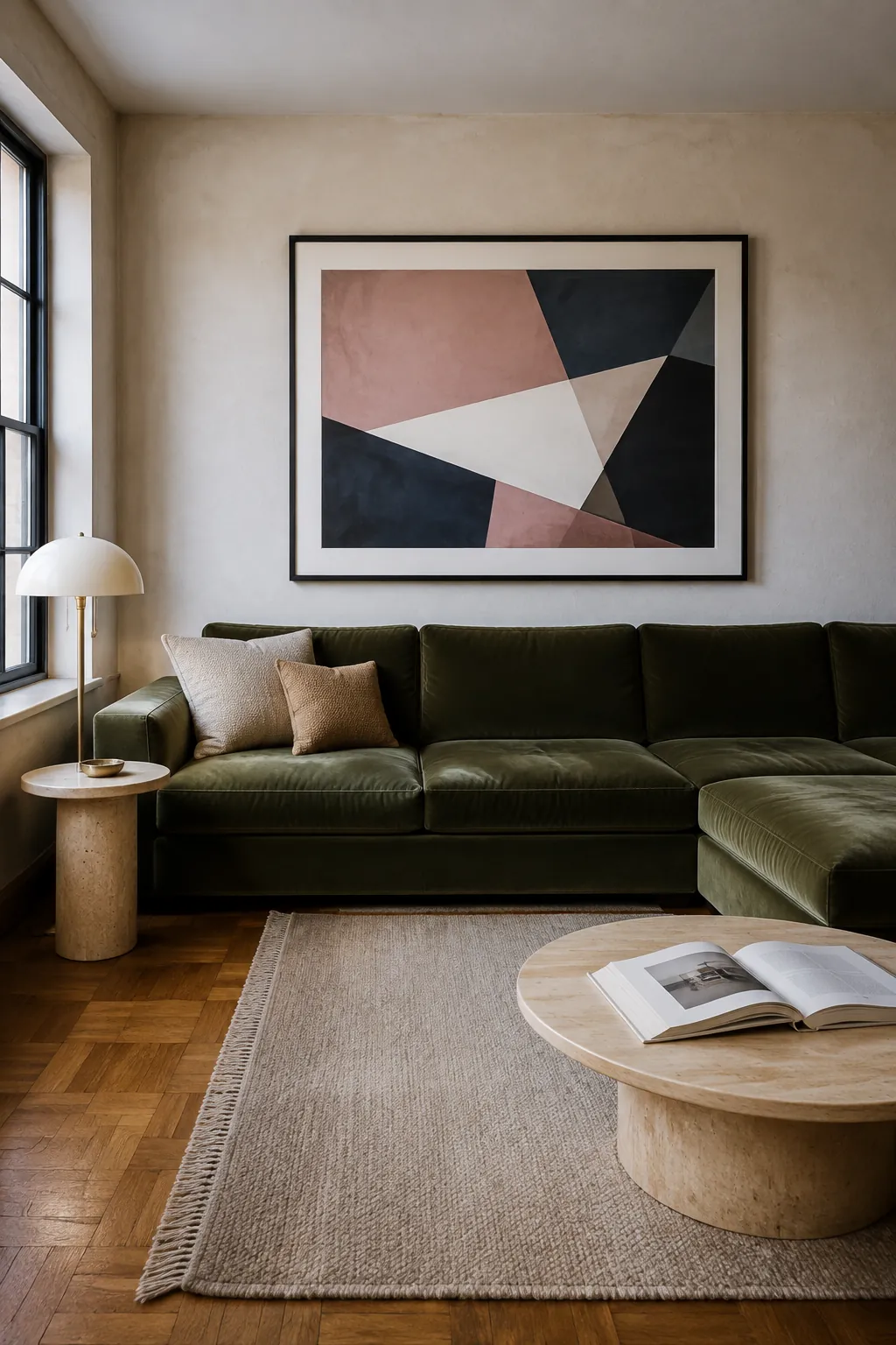 Oversized abstract print anchoring the long side of a corner sectional