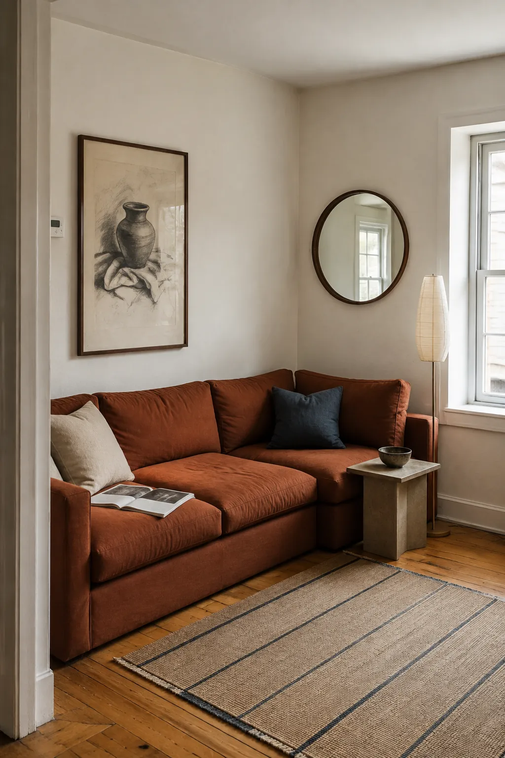 Round mirror balancing abstract art around the corner of an L shaped sofa