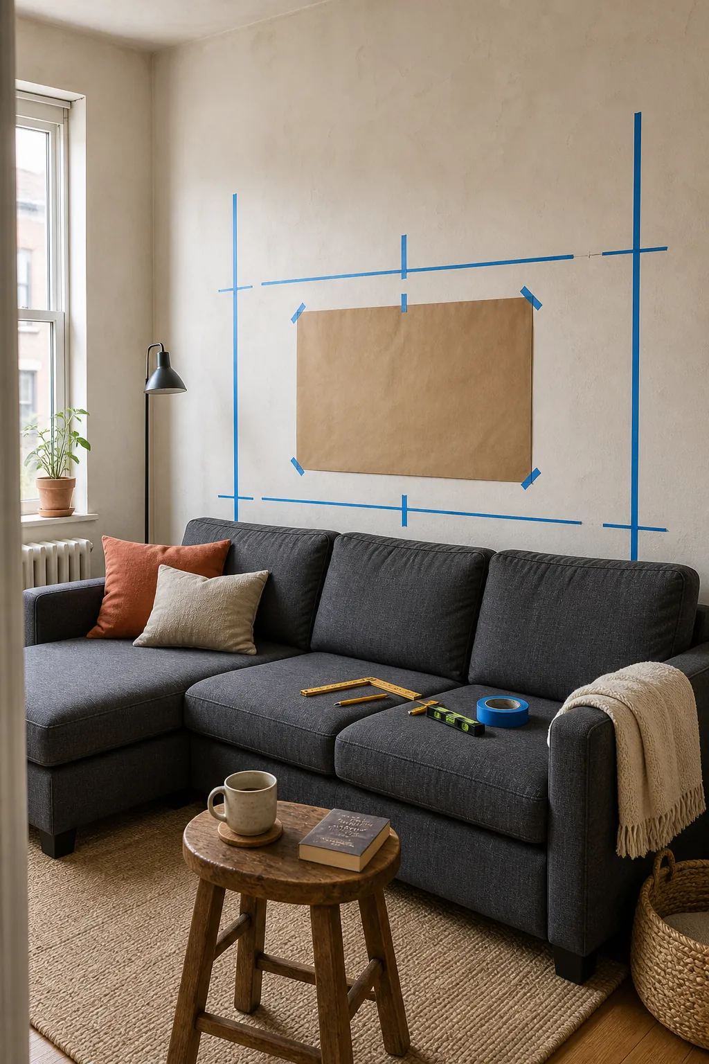 Tape guides showing how to center wall decor behind an L shaped sofa