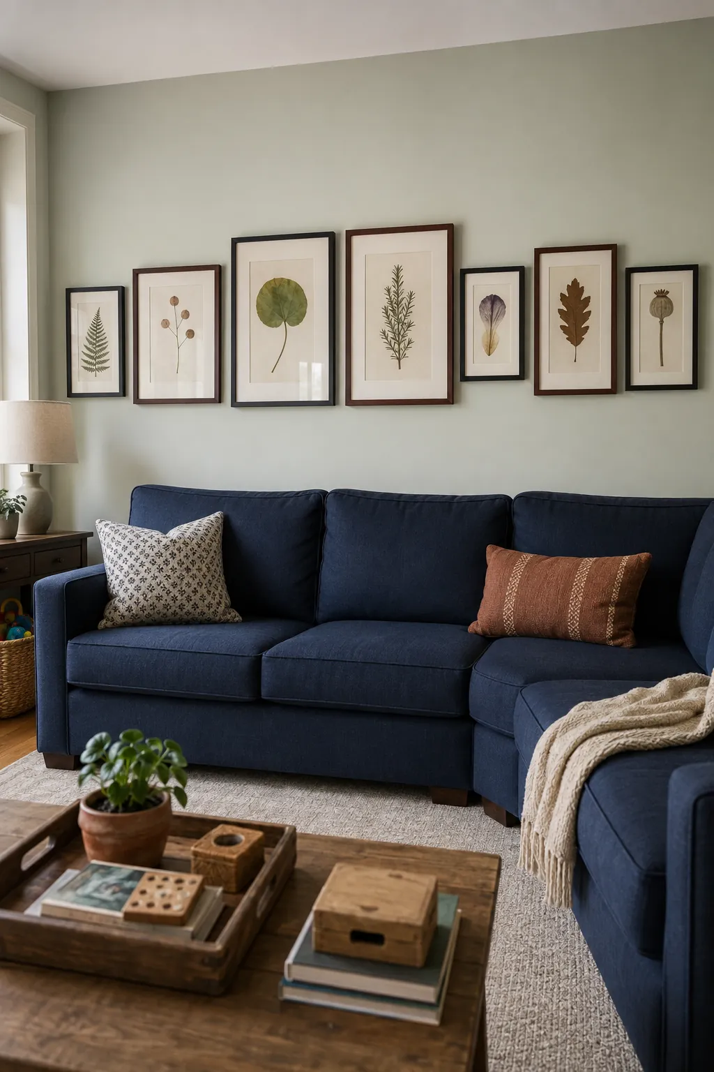 Collected gallery wall aligned above a family sectional sofa