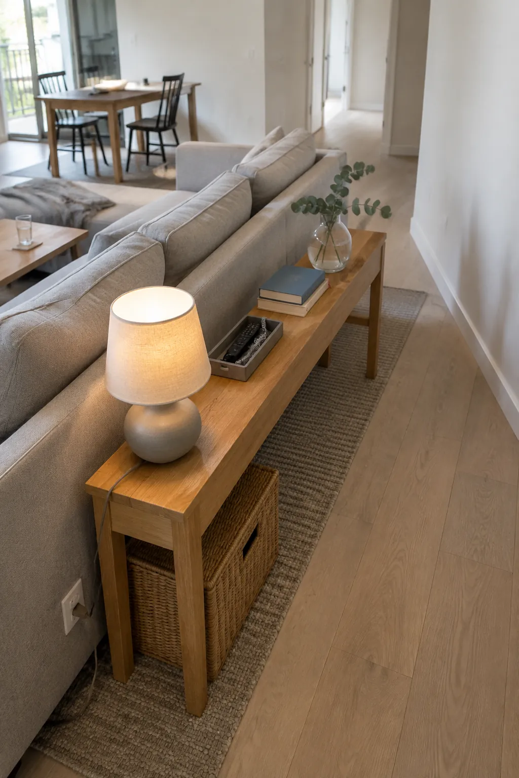 Slim oak console with lamp behind a floating corner sofa