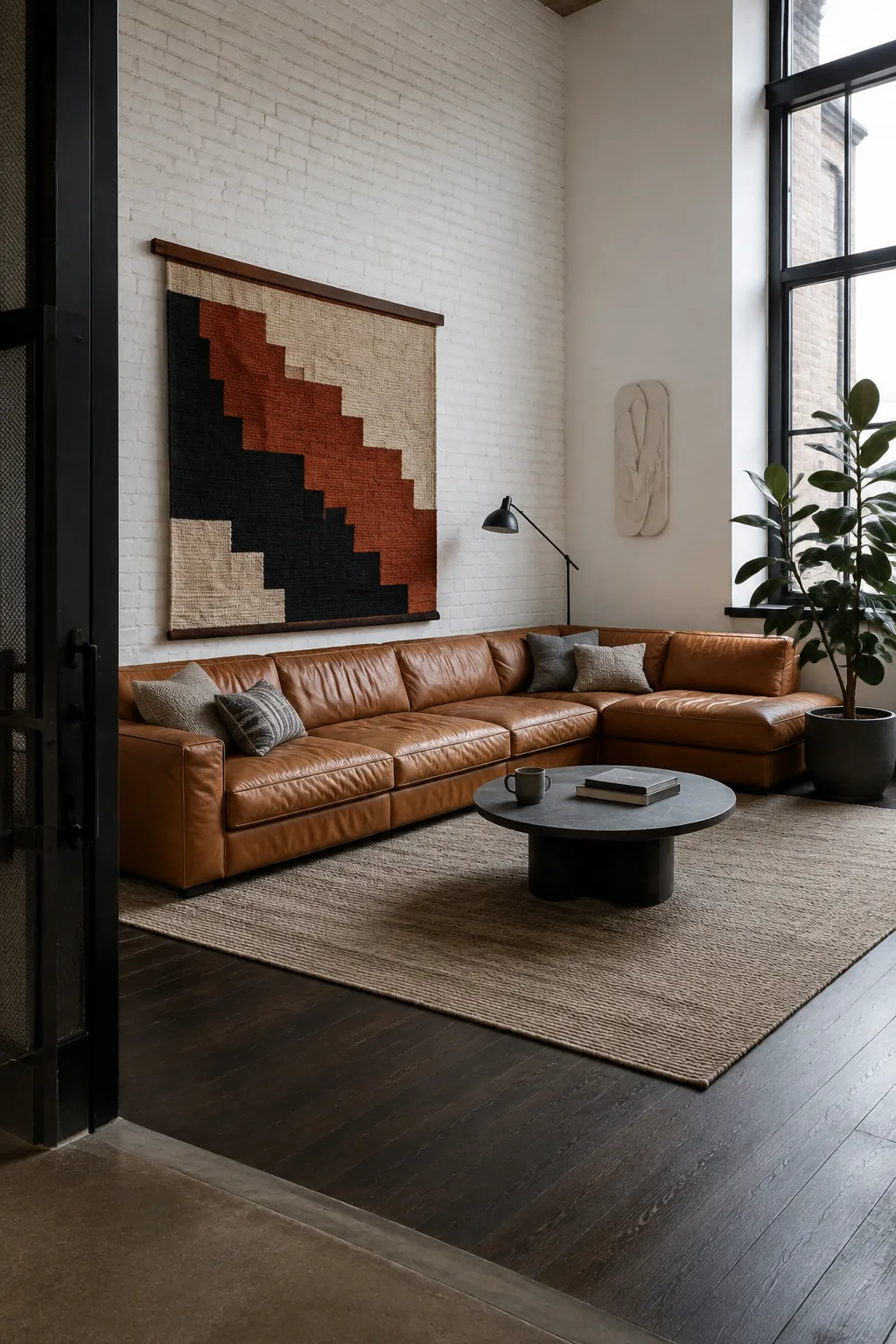 Balanced finished living room with restrained decor behind an L shaped sofa