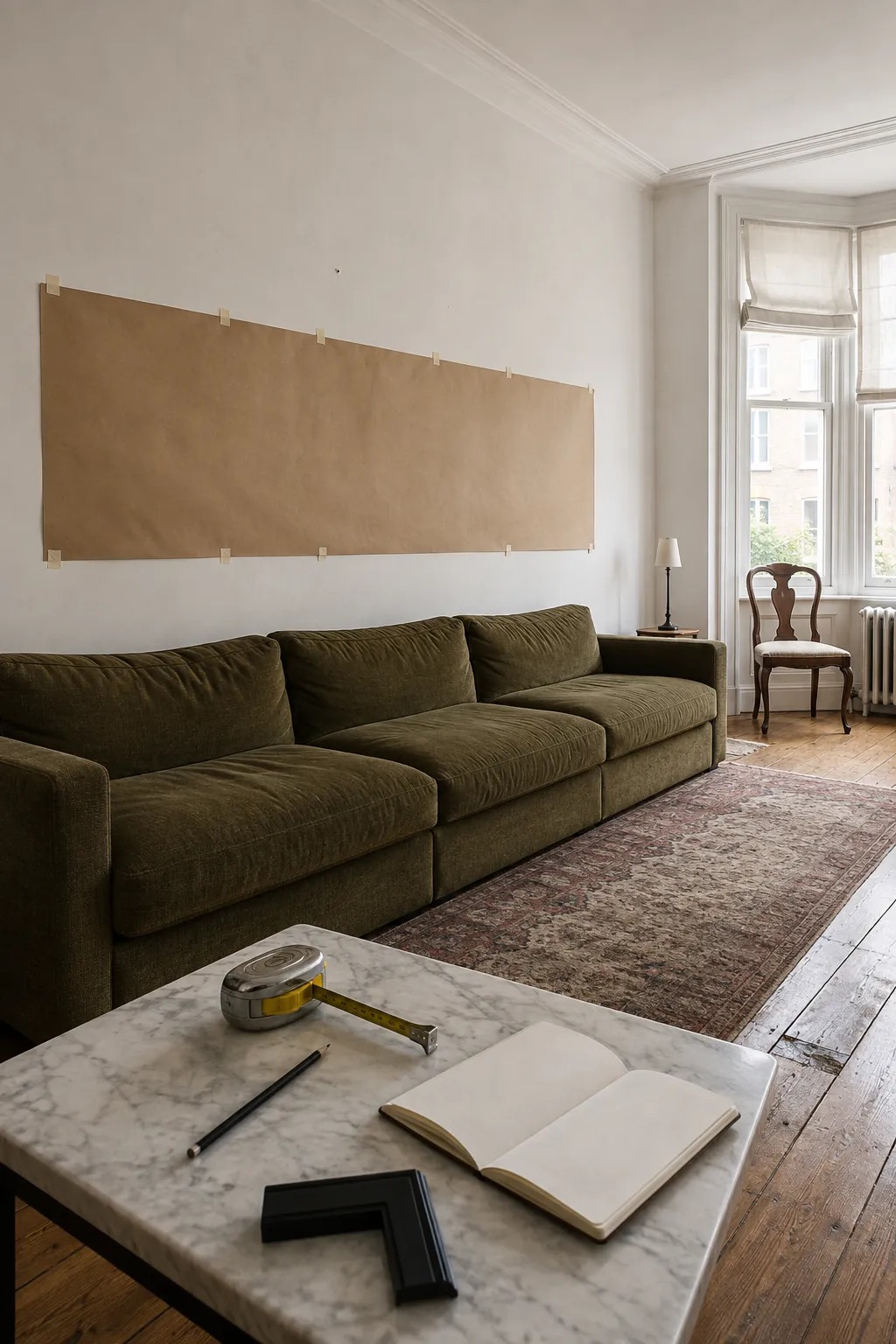Large kraft paper artwork template positioned above a sectional