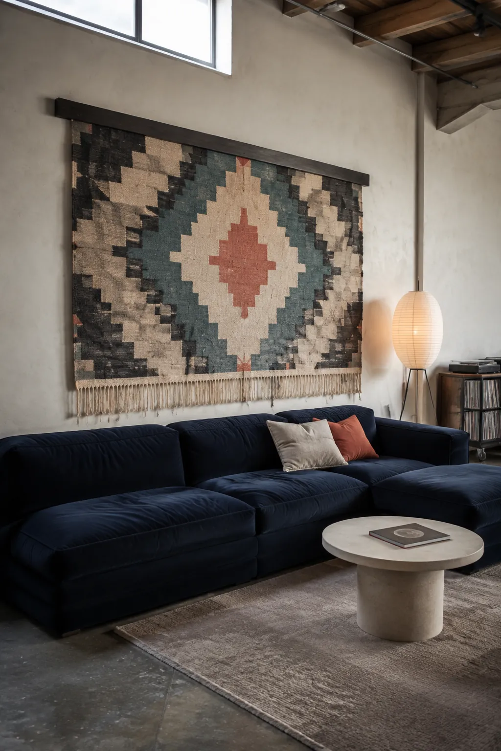 Oversized woven textile centered over a deep blue sectional