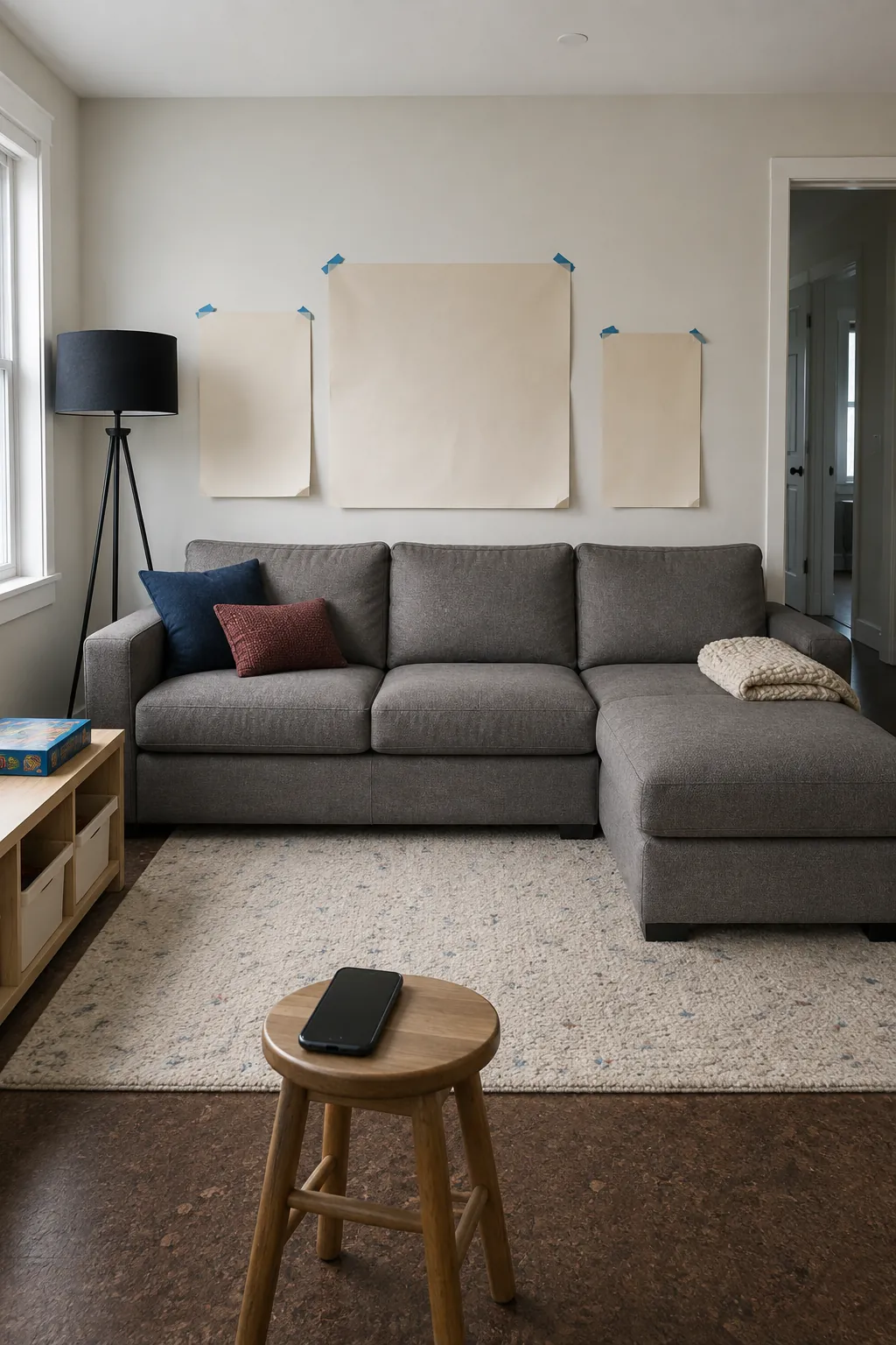Paper template testing visual balance behind a sectional couch