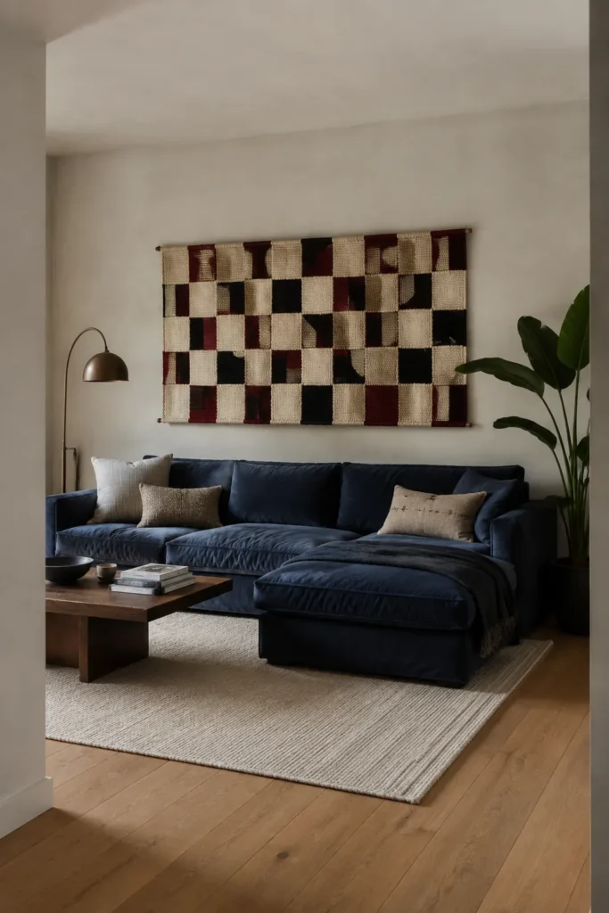 Large balanced artwork and lighting behind a sectional sofa