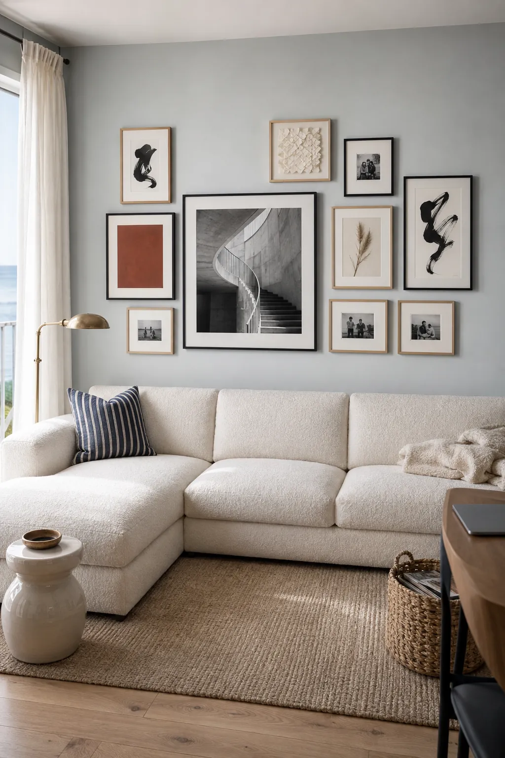 Gallery wall with a clear outer shape above a sectional sofa