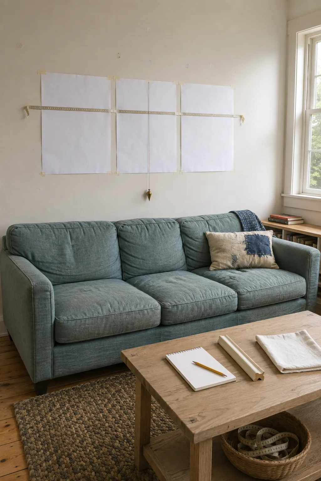 Three frame group measured as one composition above a sofa