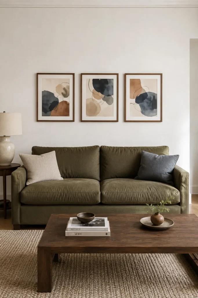 Three evenly spaced frames centered above a modern couch