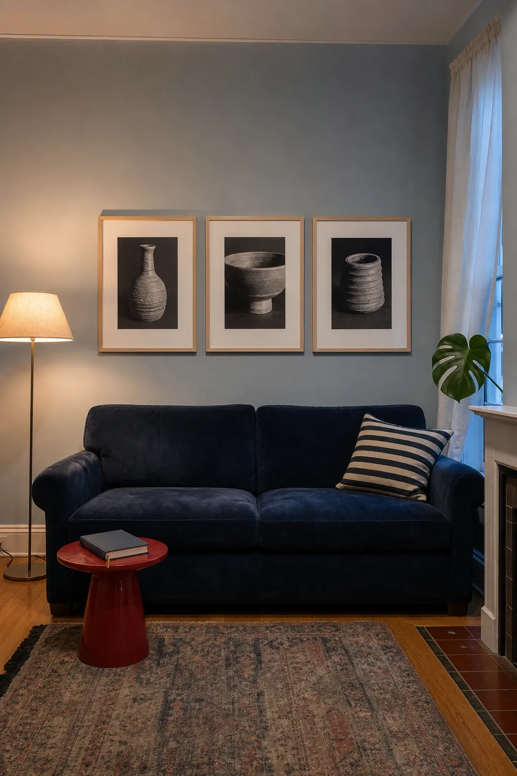 Finished evenly aligned set of three frames above a couch