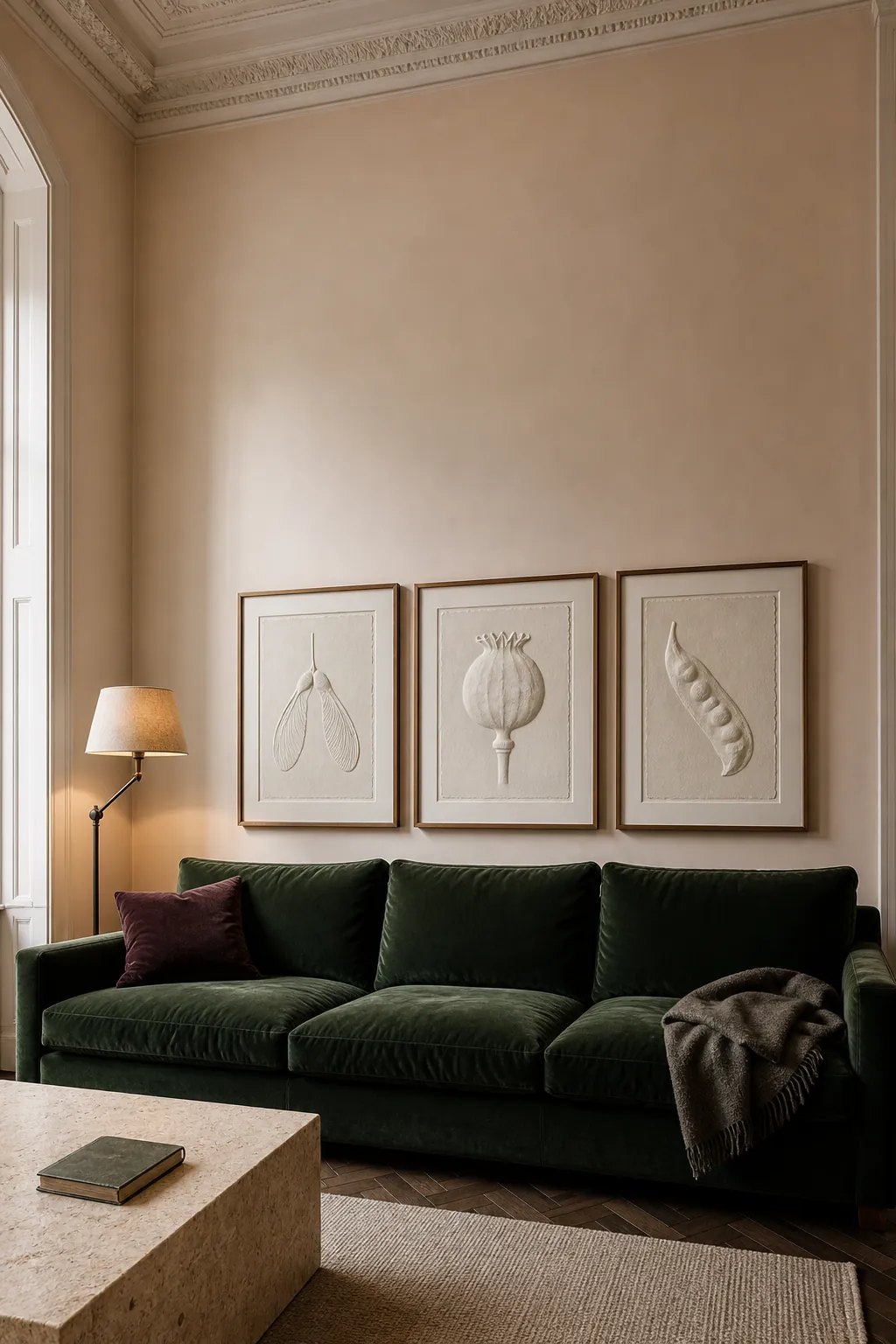 Safe comfortable height for three large frames over a sofa