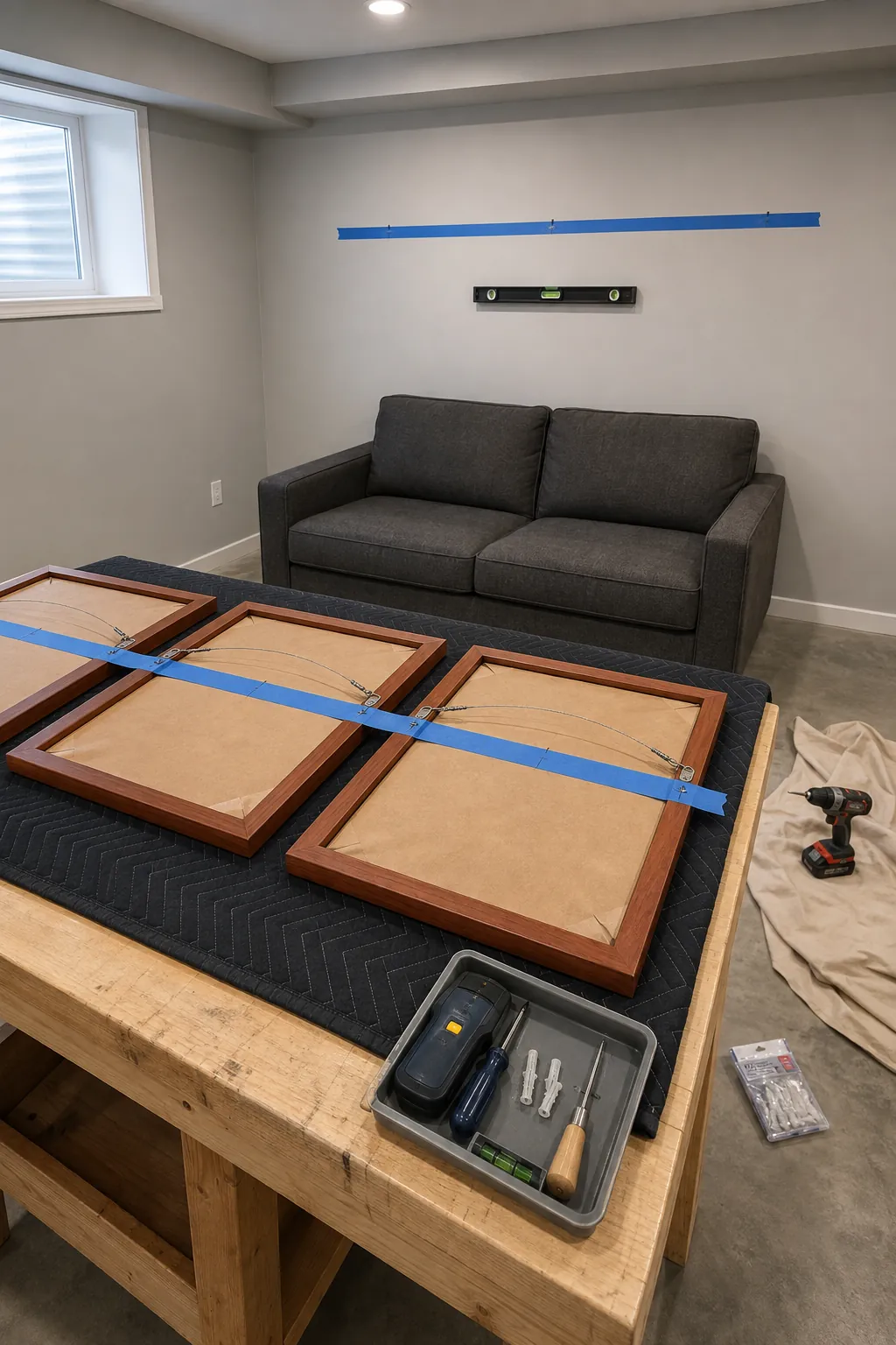 Painter tape transferring three frame hanging points to a wall