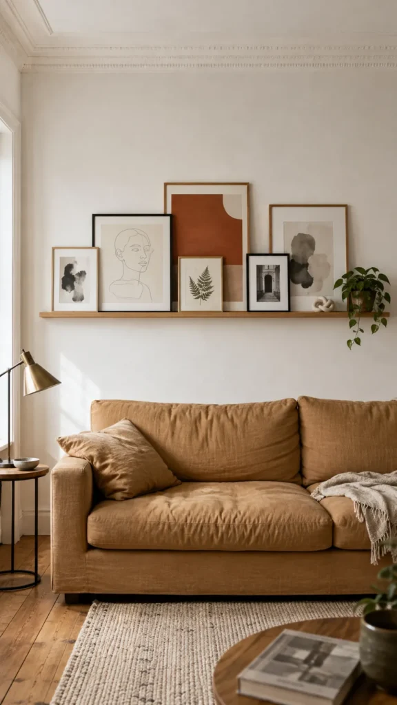Beautifully styled picture ledge above a warm neutral sofa