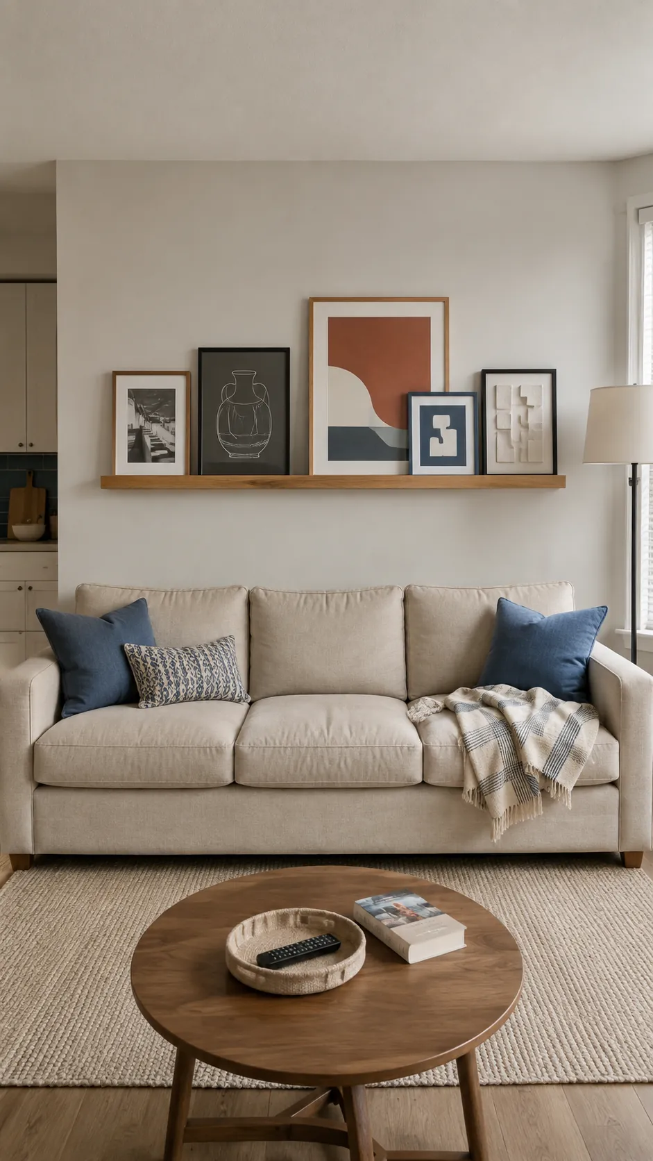 Long oak picture ledge proportioned above a neutral sofa