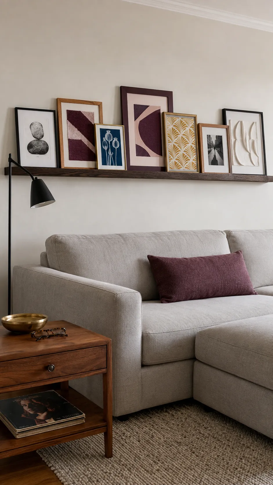 Mixed black wood and brass frames unified on a picture shelf