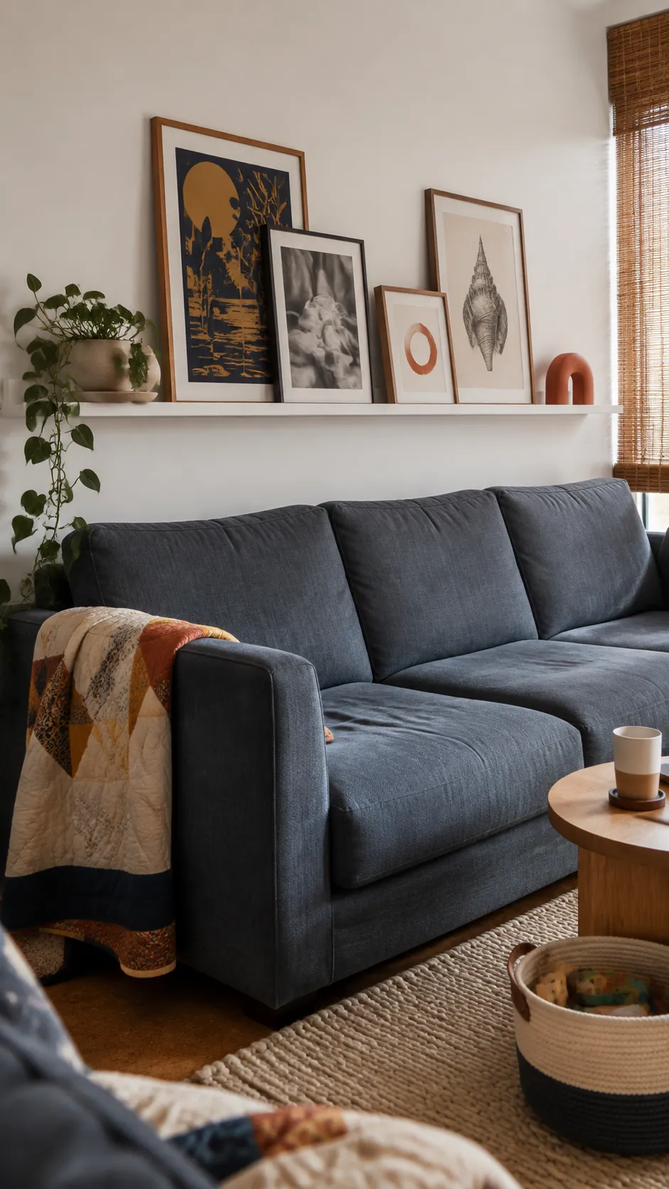Picture ledge styled safely with frames a plant and ceramic object
