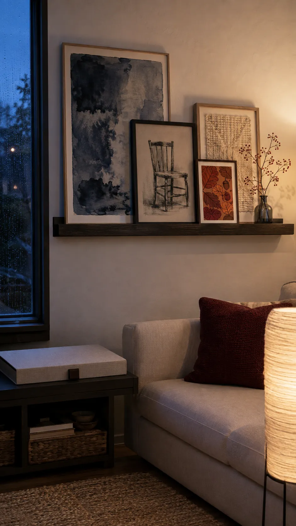 Picture ledge refreshed with one seasonal print while anchor frames stay in place
