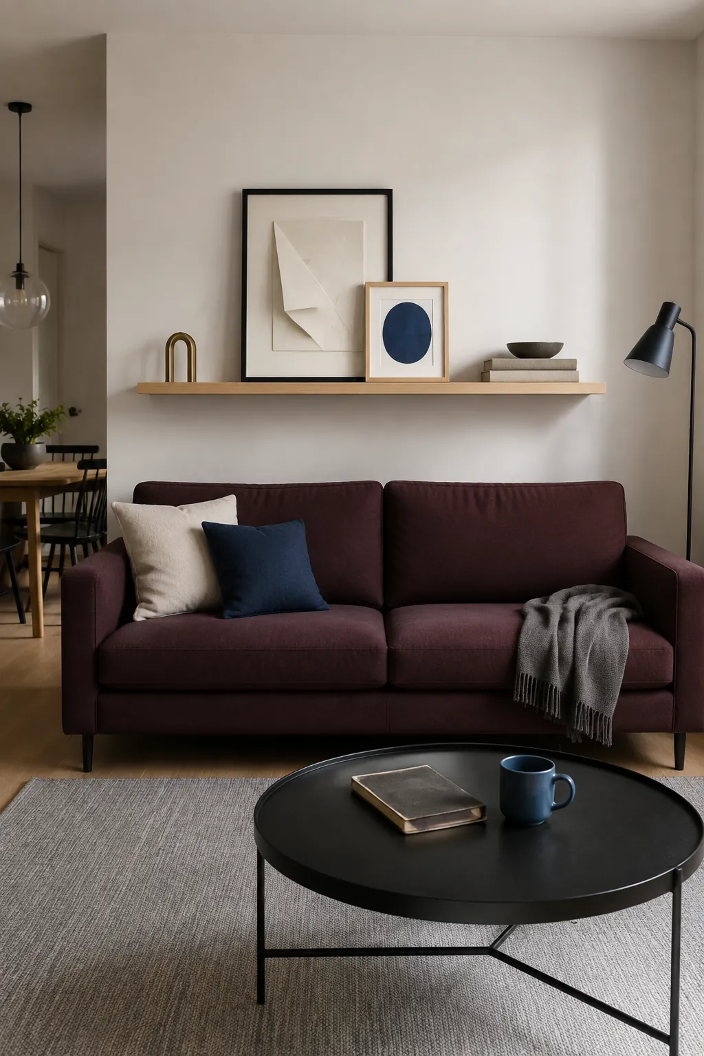 Balanced floating shelves above a couch in a calm living room