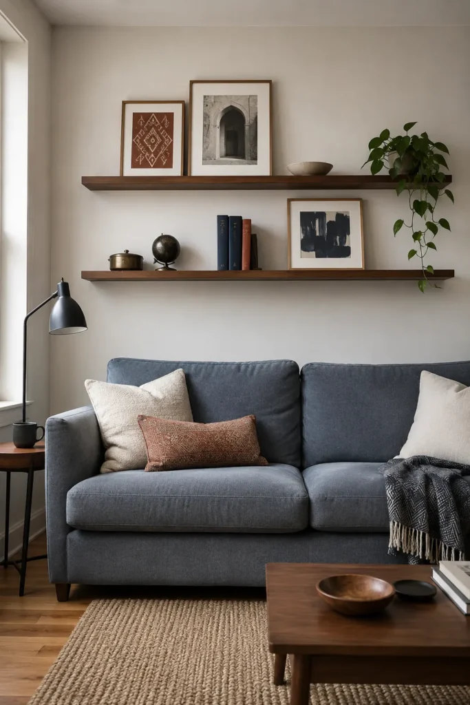 Safely styled floating shelves above a comfortable couch