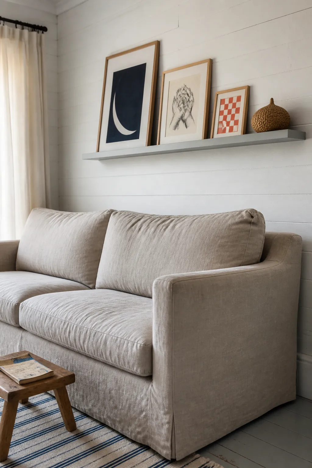 Shallow shelf positioned with generous seated clearance above a couch