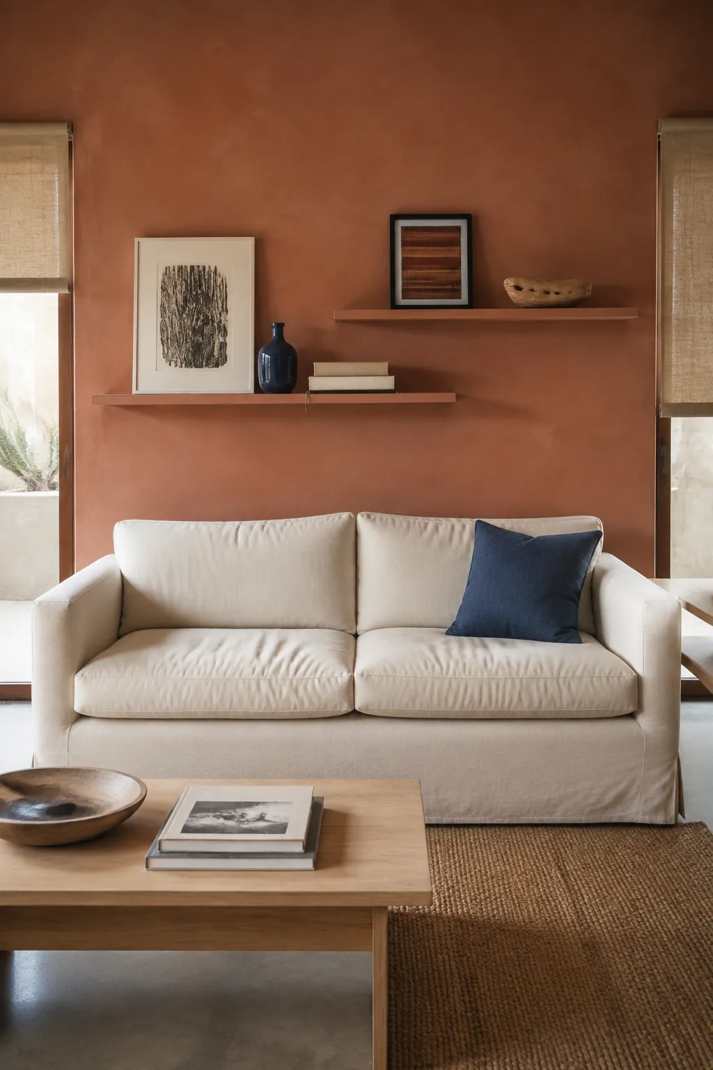 Two staggered shelves proportioned to the sofa below