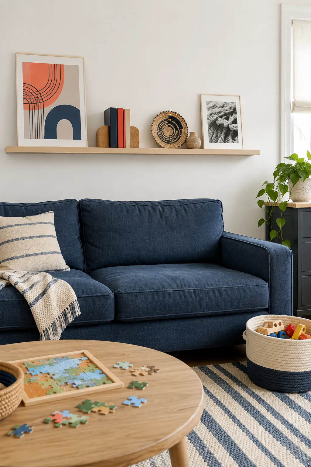 Lightweight framed prints and secure objects styled over a sofa