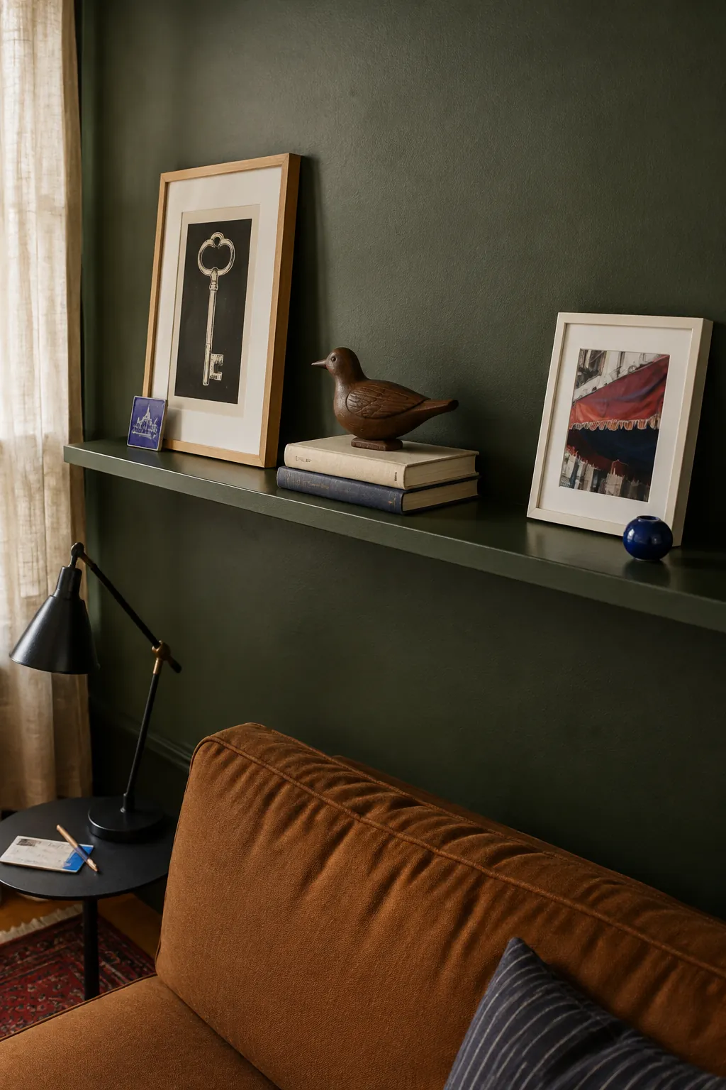 Floating shelf styled in small groups with open breathing space