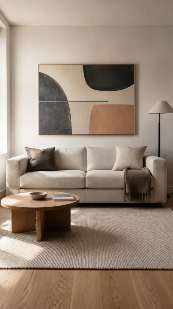 Minimalist living room with calm large scale decor above a couch