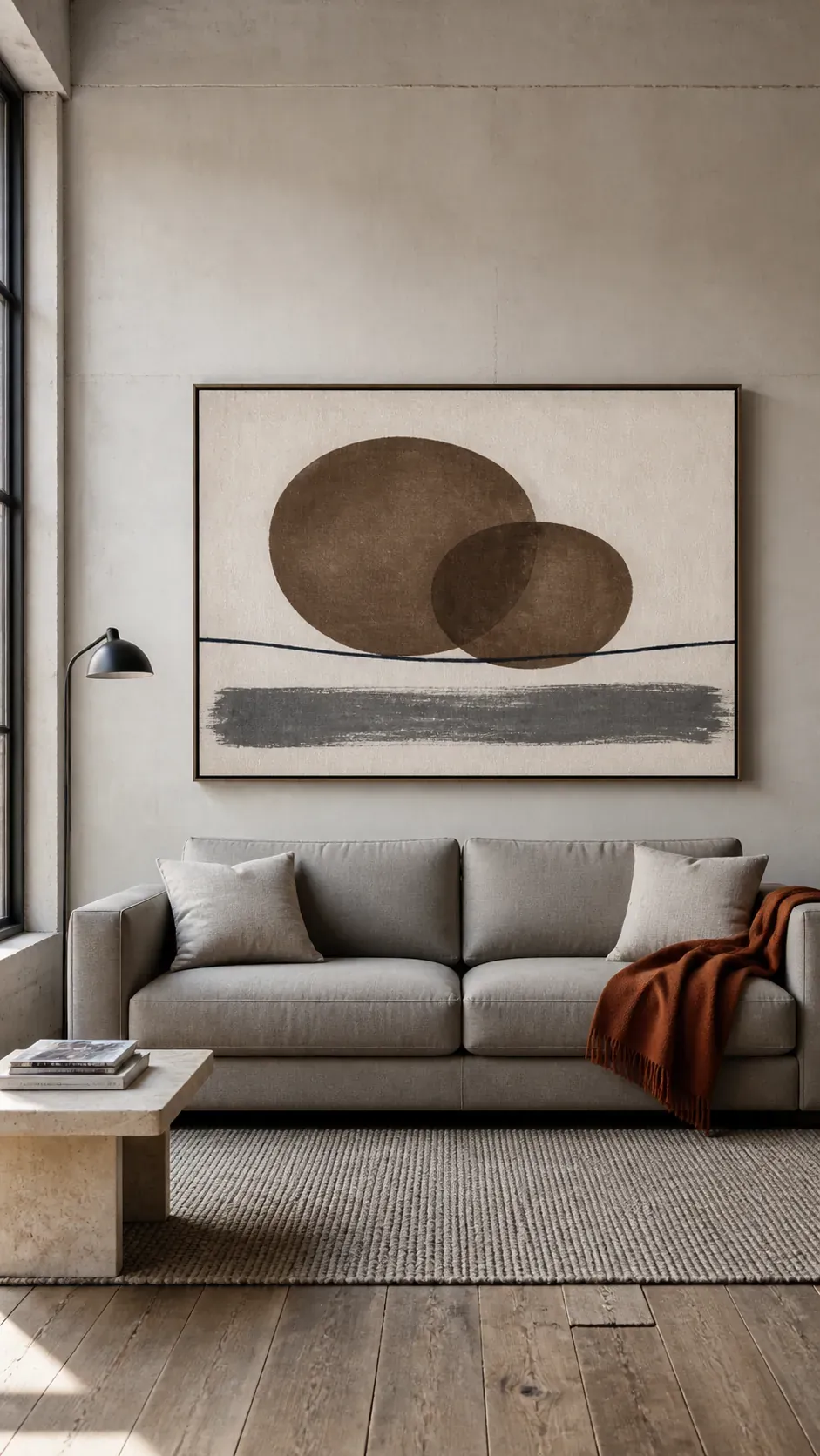 Oversized horizontal abstract art centered above a minimalist sofa