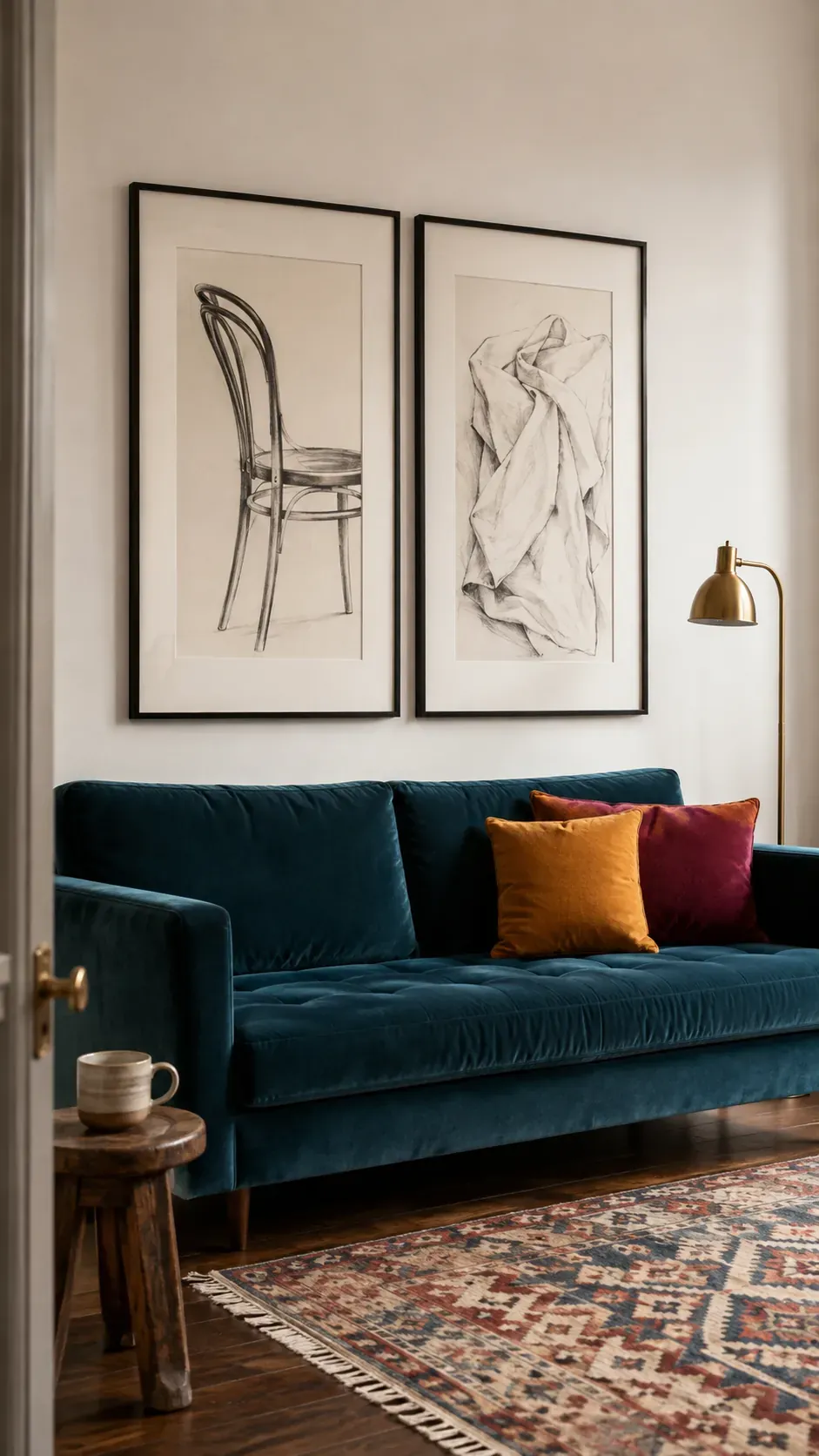 Two framed charcoal line drawings above a simple couch