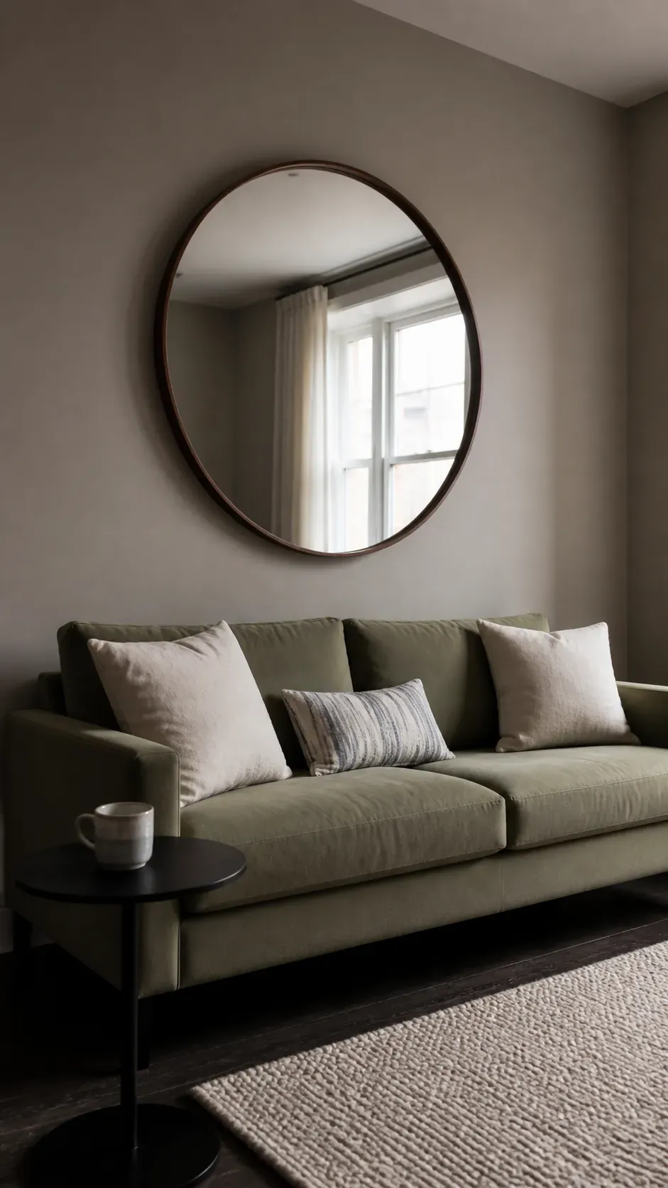 Large round oak mirror reflecting light above a neutral sofa