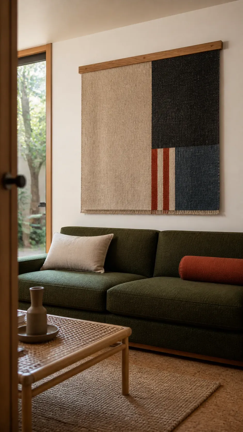 Minimal woven textile panel hanging above a modern couch