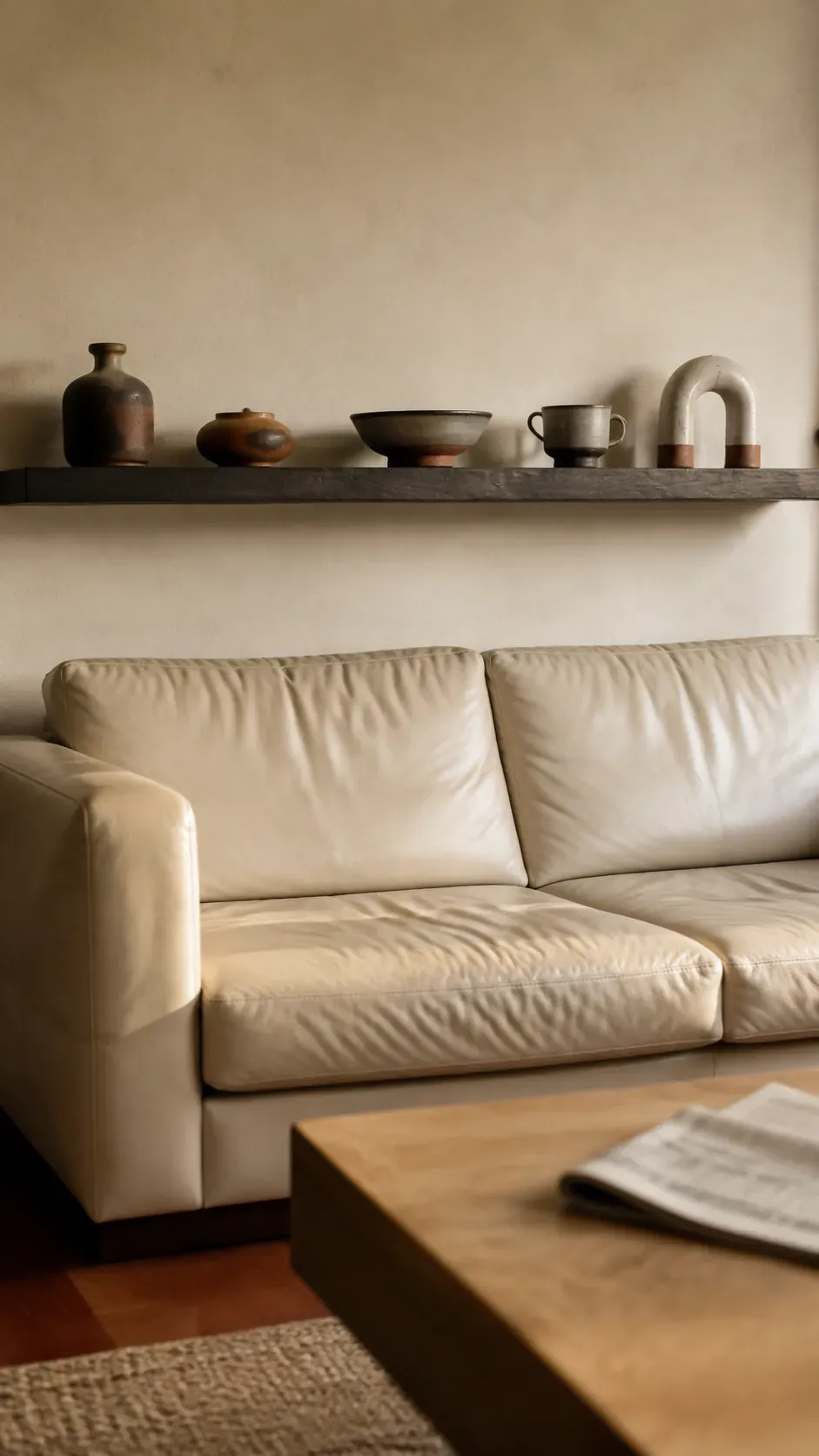 Shallow shelf with a restrained ceramic collection above a sofa