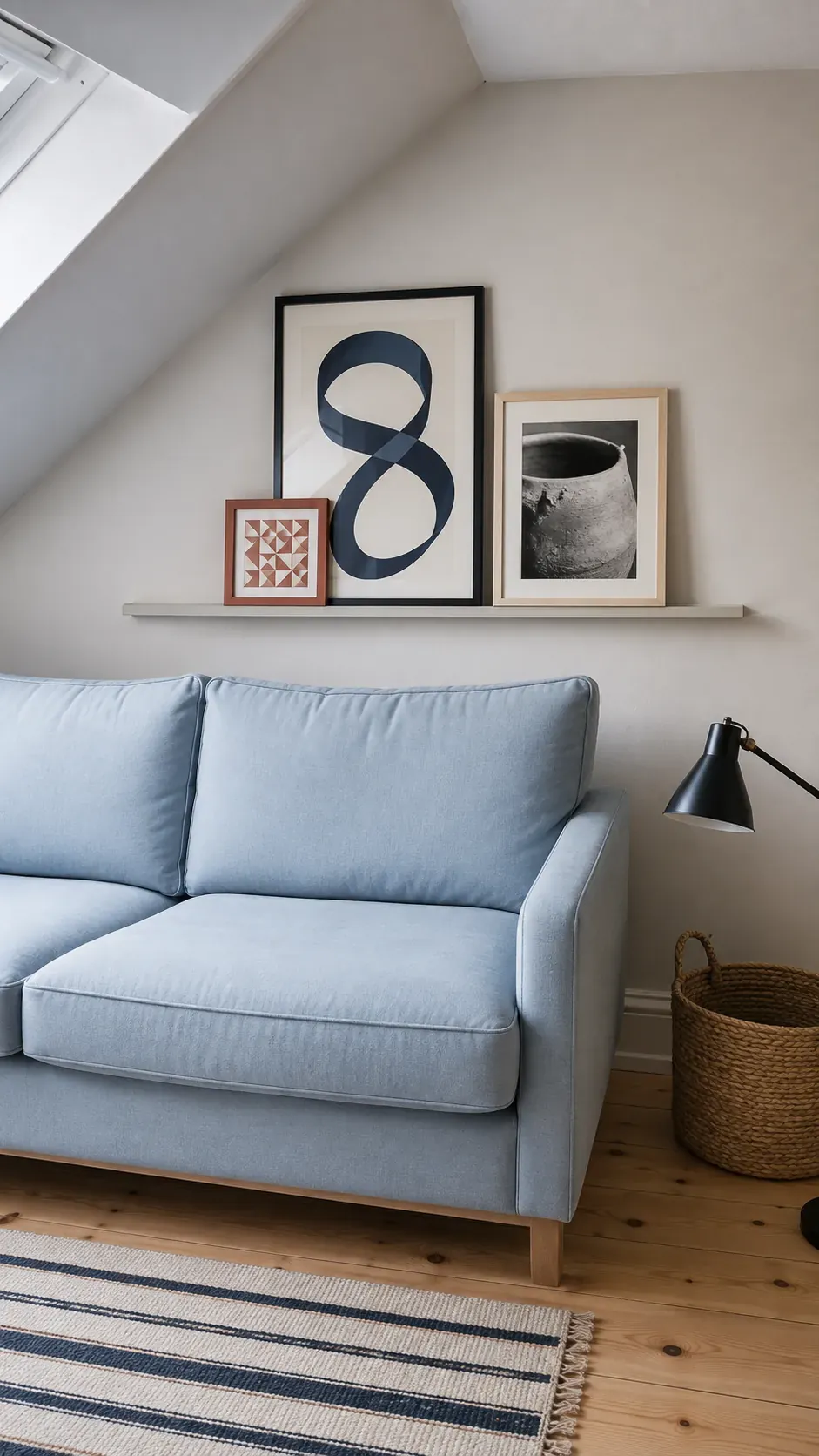 Slim picture ledge with three restrained frames above a couch