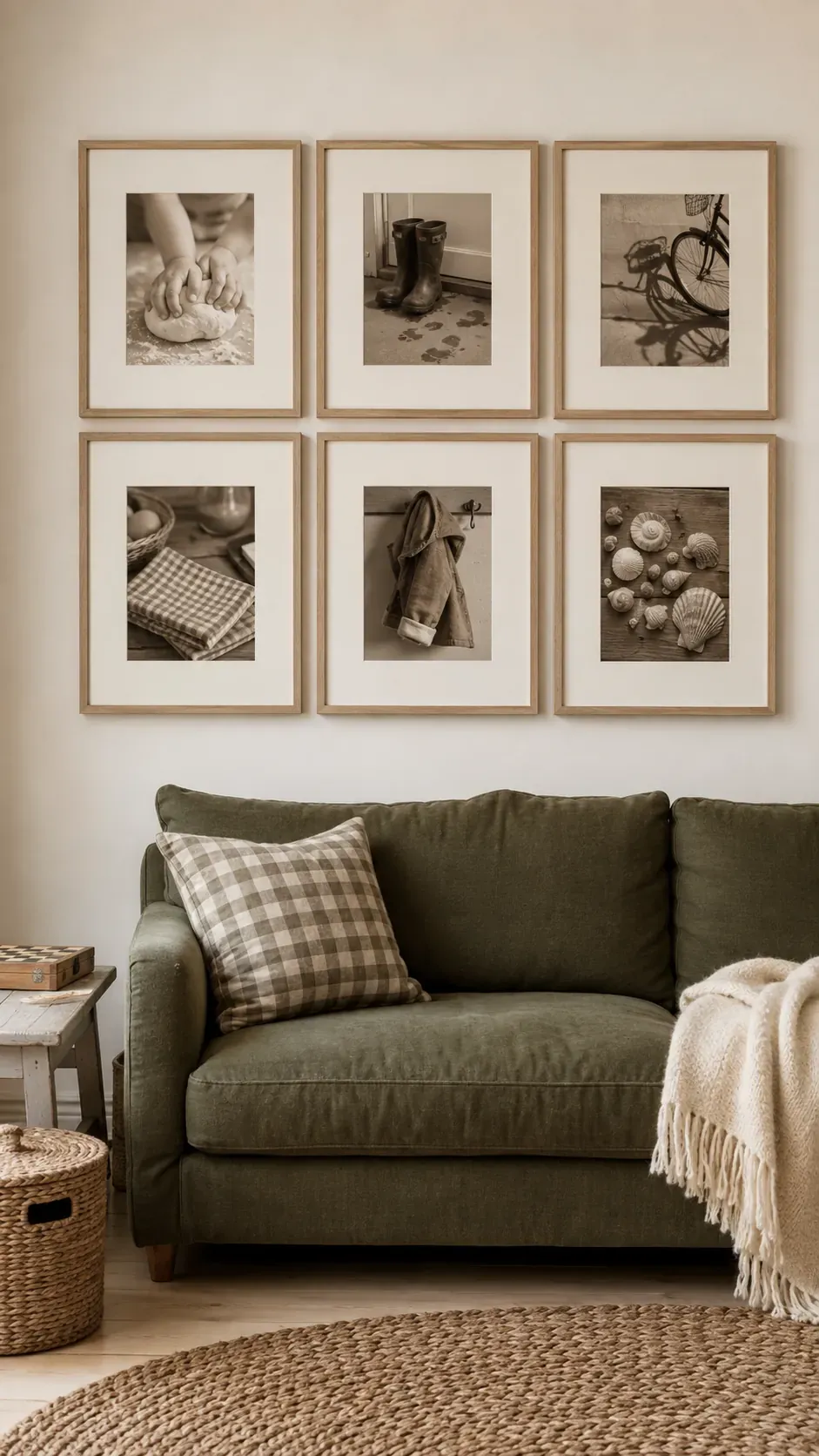 Orderly grid of tonal family photographs above a simple sofa