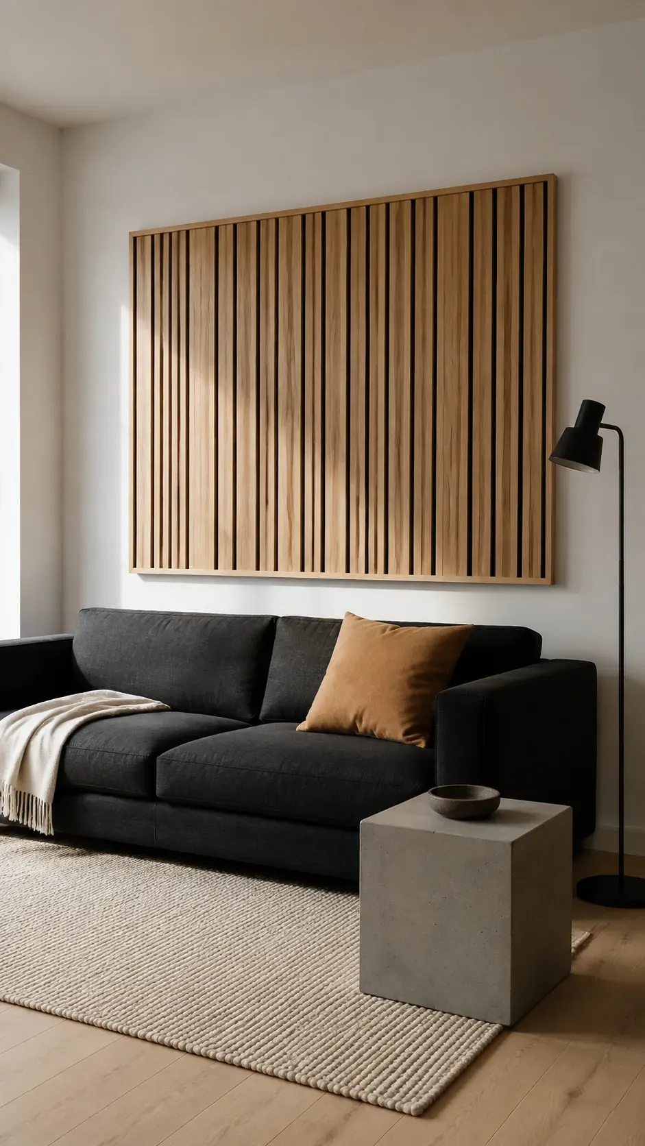 Minimal framed wood slat panel centered over a couch