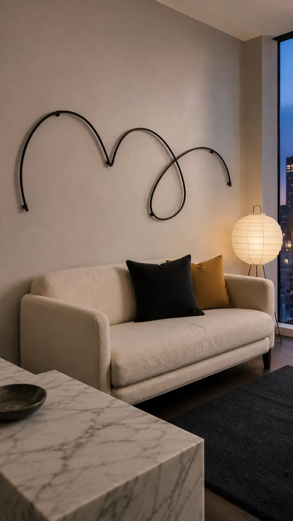 Wide linear metal wall sculpture above a compact sofa