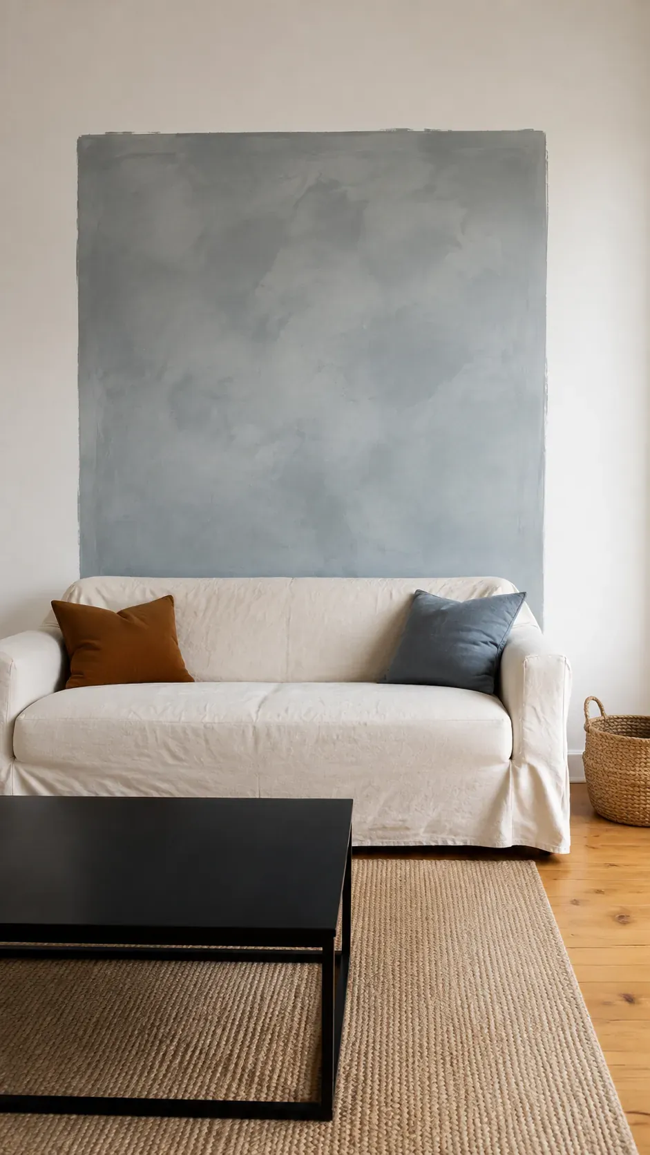 Soft mineral limewash color block framing a minimalist sofa