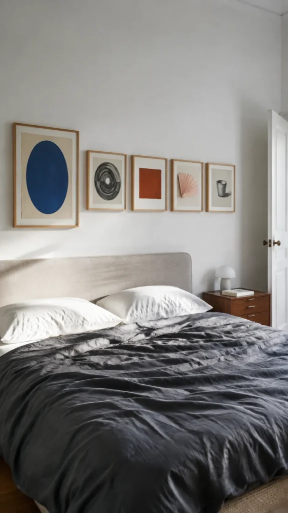 Personal gallery of colorful paper compositions above a flax bedroom headboard