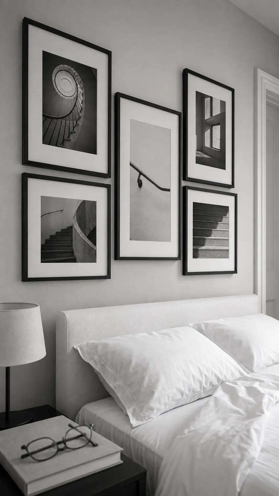 Black and white photographs with wide mats